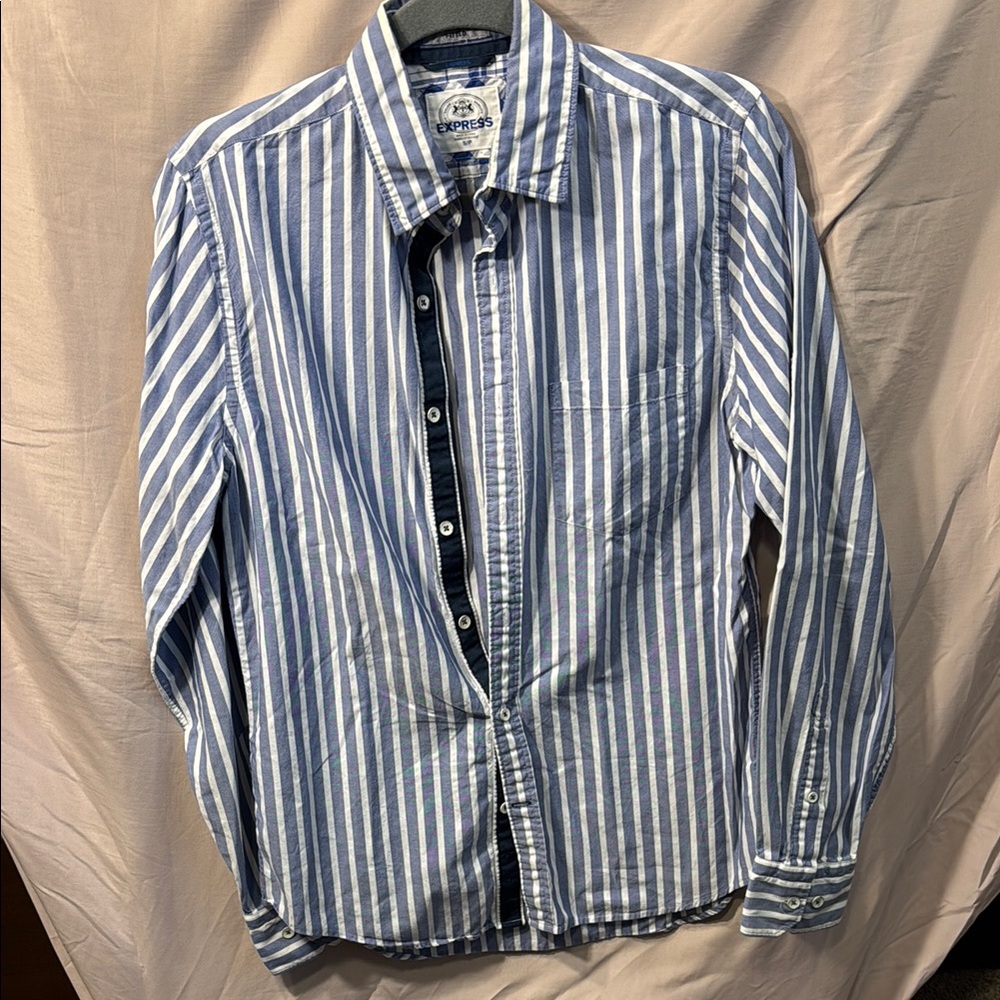Express Blue and White Casual Button Down Shirt